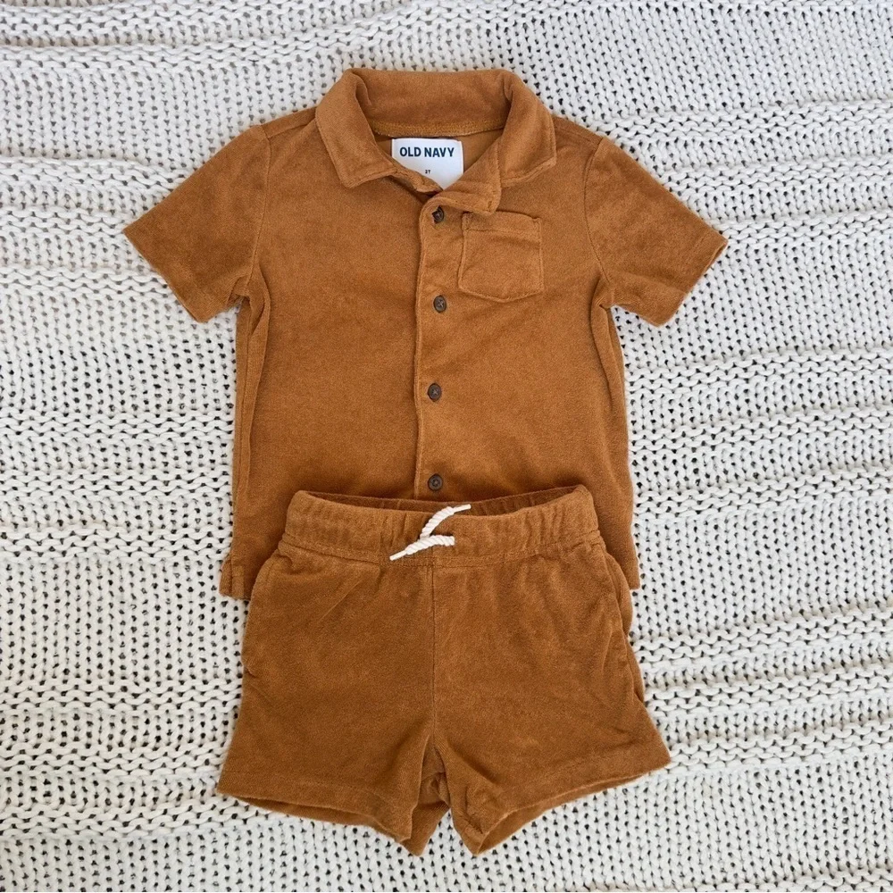 Old Navy Warm Brown Collared Shirt and Short Set Size 2T